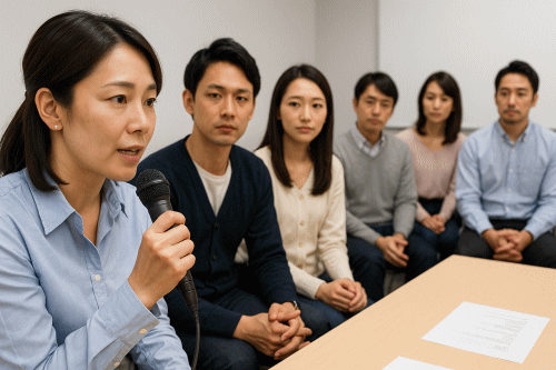 会議室で行われるグループインタビュー。モデレーターが質問し参加者が順番に答える、形式的な調査の場。