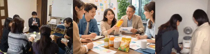 メーカー担当者と生活者が同じテーブルで対話し、付箋やメモを使ってキャッチコピーを検討している様子