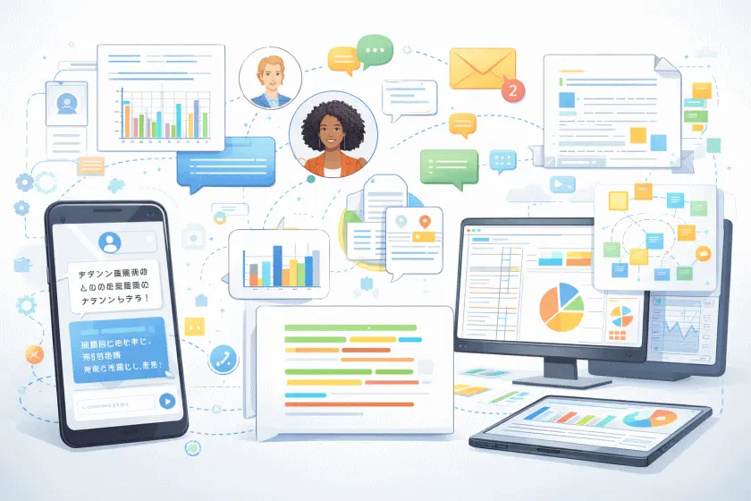 チャットや資料共有、グラフのやり取りでアイデアをまとめていくオンライン共創のイメージ