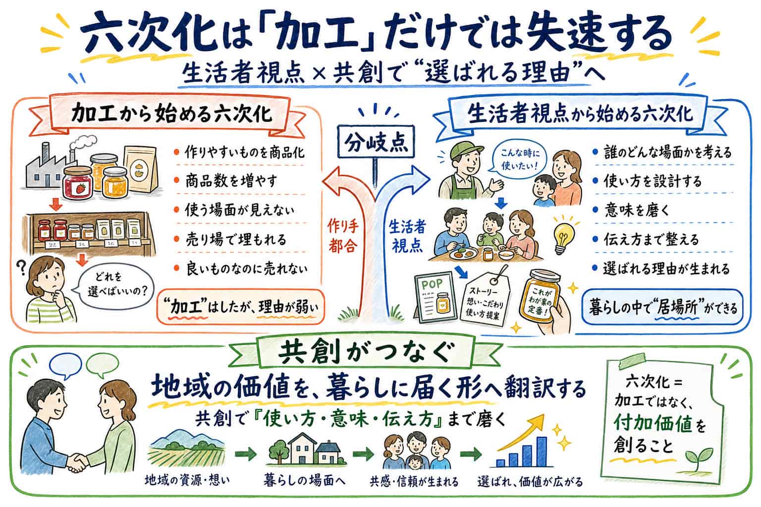 加工から始める六次化と、生活者視点から始める六次化の違いを比較し、共創によって地域の価値を暮らしに届く形へ翻訳する考え方を示した図解