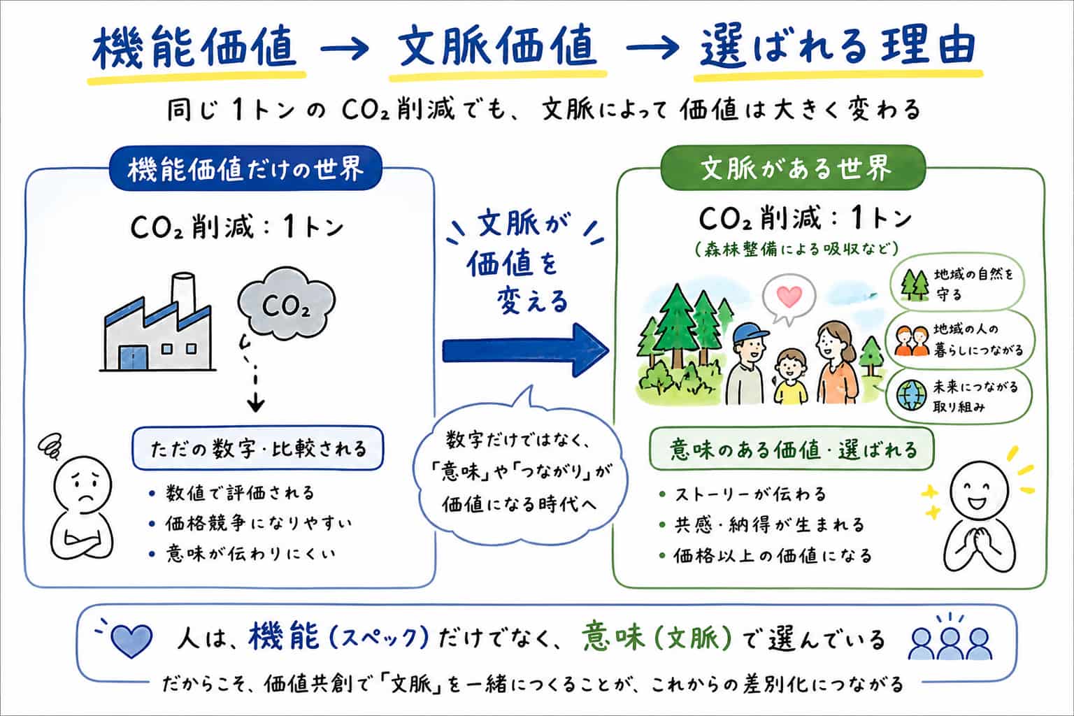 同じCO₂削減量でも、機能価値だけの世界と文脈価値がある世界で選ばれ方が変わることを示した図。文脈が価値を高め、選ばれる理由になることを表現している。