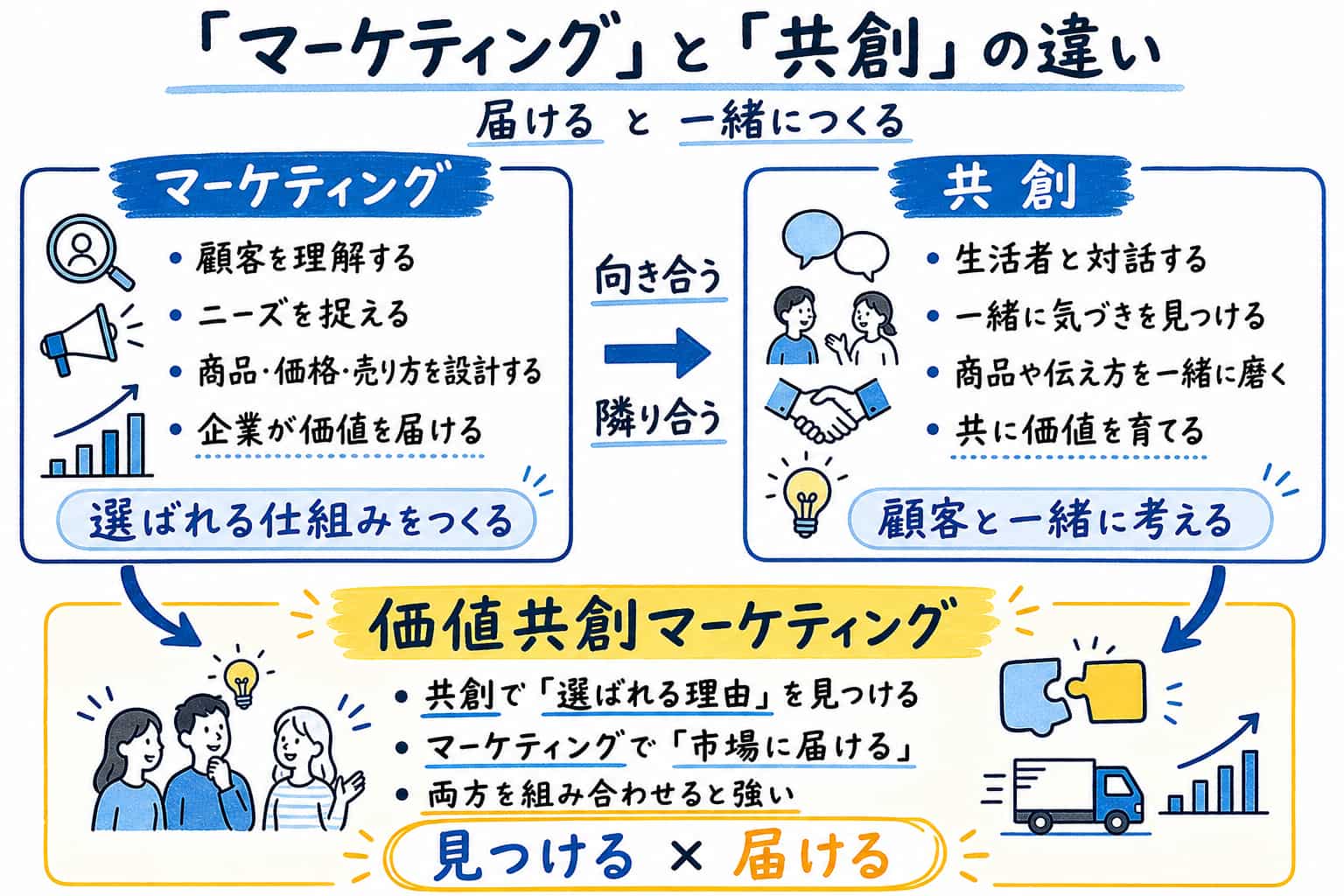 マーケティングは選ばれる仕組みをつくり、共創は顧客と一緒に価値を育てるという違いを、価値共創マーケティングとして整理した図解