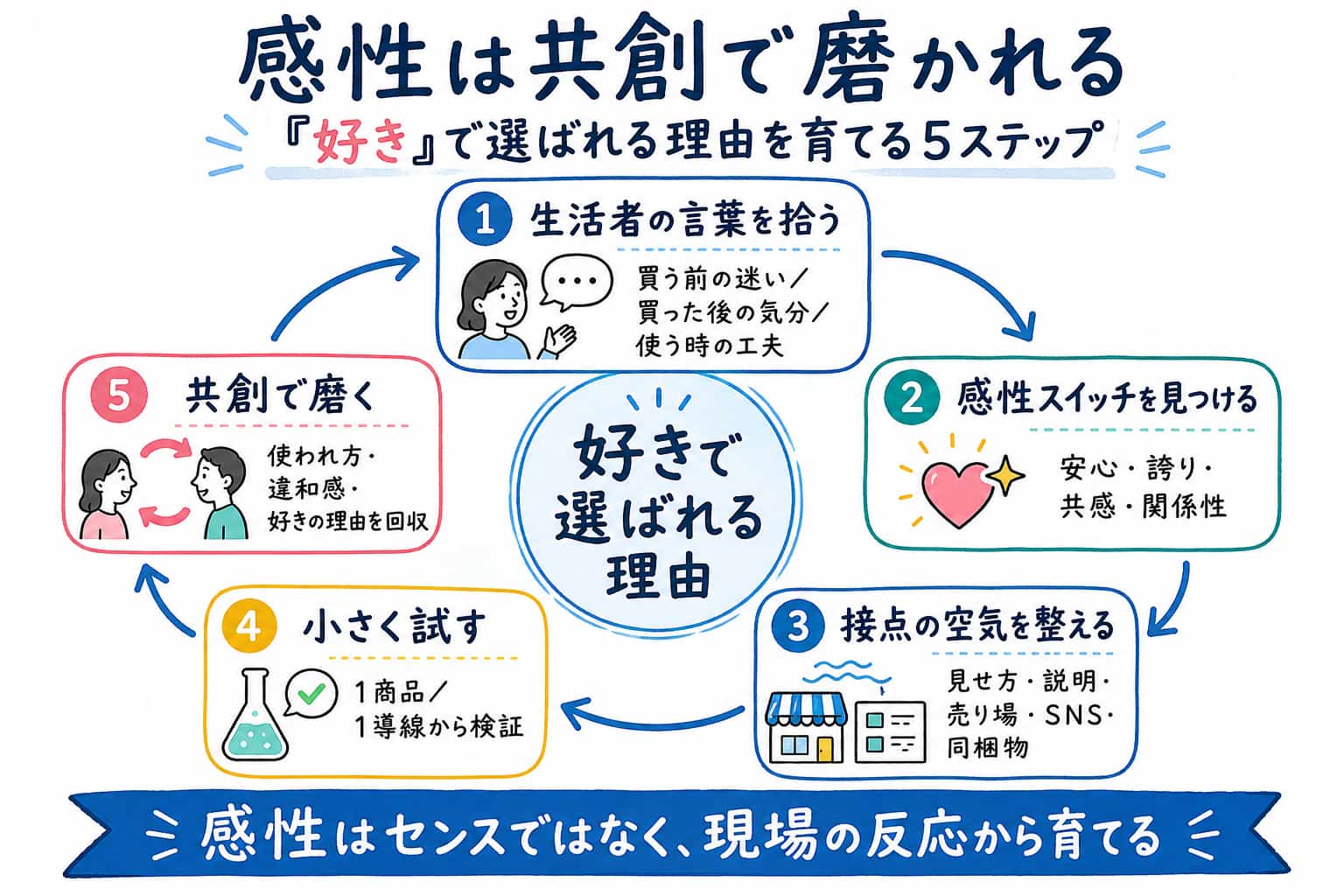生活者の言葉を拾い、感性スイッチを見つけ、接点を整え、小さく試し、共創で磨く流れを示したグラレコ図
