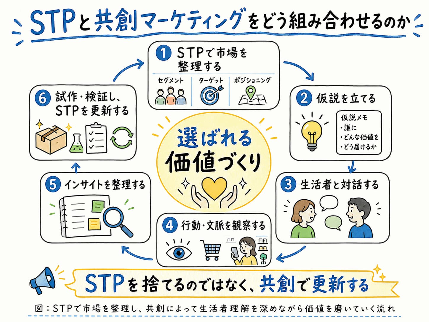 STPで市場を整理し、仮説設定、生活者との対話、行動や文脈の観察、インサイト整理、試作・検証を経てSTPを更新しながら、選ばれる価値づくりへつなげる6段階の循環プロセスを示したグラフィックレコーディング