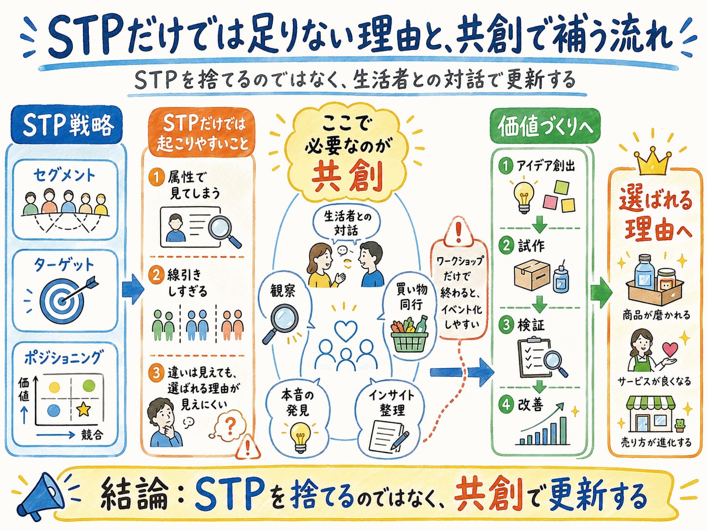 STP戦略のセグメント・ターゲット・ポジショニングだけでは、属性で見てしまう、線引きしすぎる、選ばれる理由が見えにくいといった課題が起こりやすく、生活者との対話、観察、買い物同行、本音の発見、インサイト整理を通じた共創によって、アイデア創出、試作、検証、改善へ進み、選ばれる理由につながる流れを示したグラフィックレコーディング