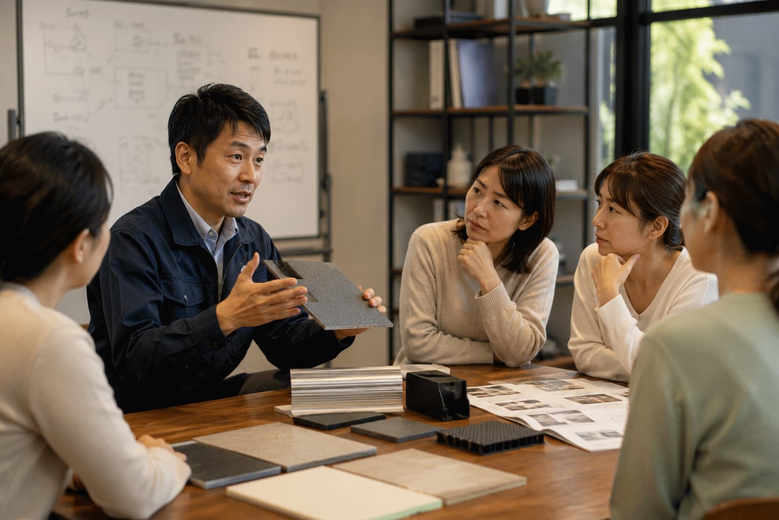 技術系企業の担当者が、生活者へ製品や素材について説明している様子
