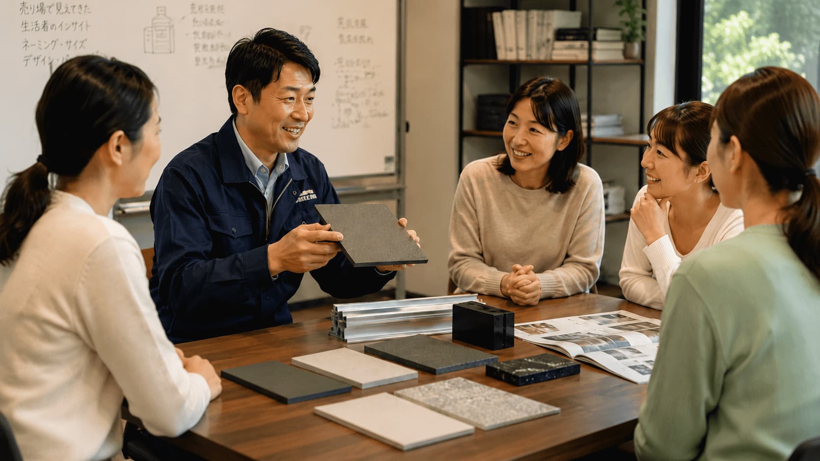 技術系企業の担当者が製品素材を手に説明し、生活者から前向きな反応が生まれた共創セッションの様子