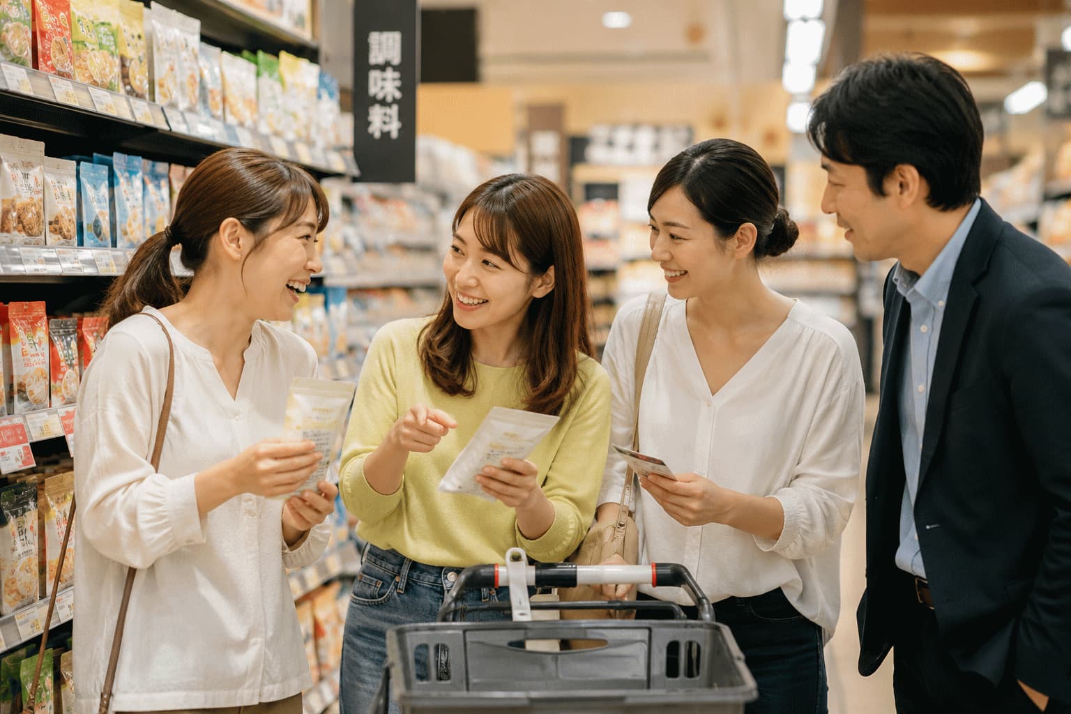 友人同士の生活者と企業担当者が、売り場を歩きながら商品について会話している様子