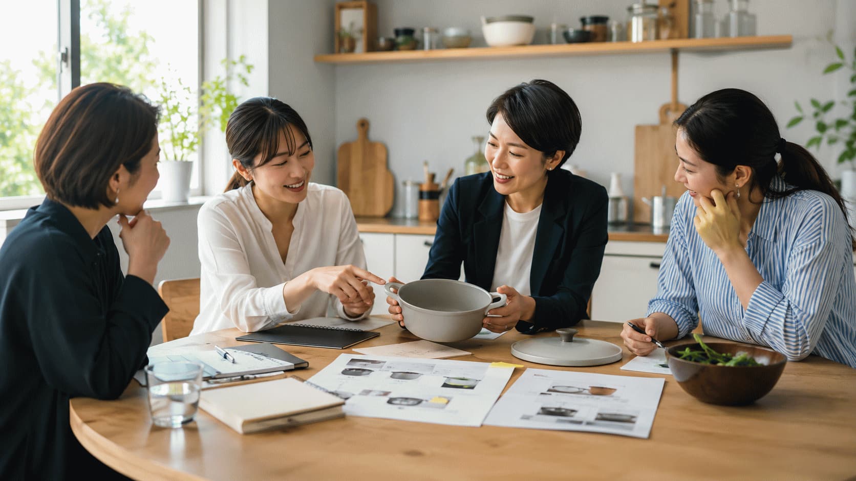 企業担当者と生活者がキッチン用品の具体的な使用場面について検討している様子