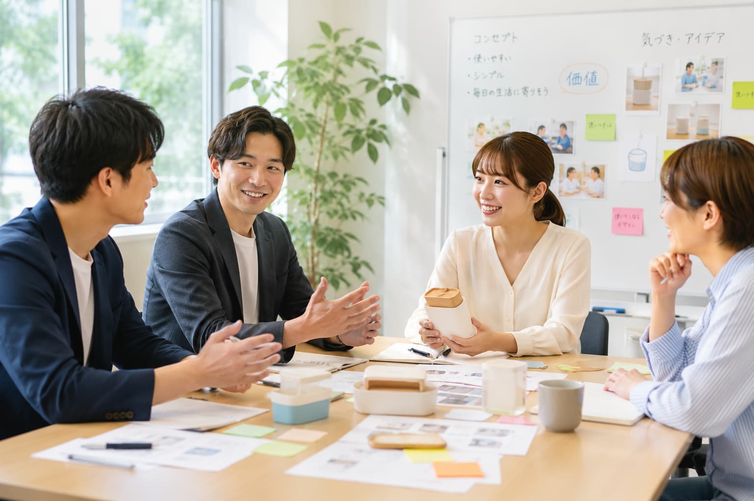営業担当者と企画開発担当者が生活者と同じテーブルを囲み、商品案について意見を交わしている様子