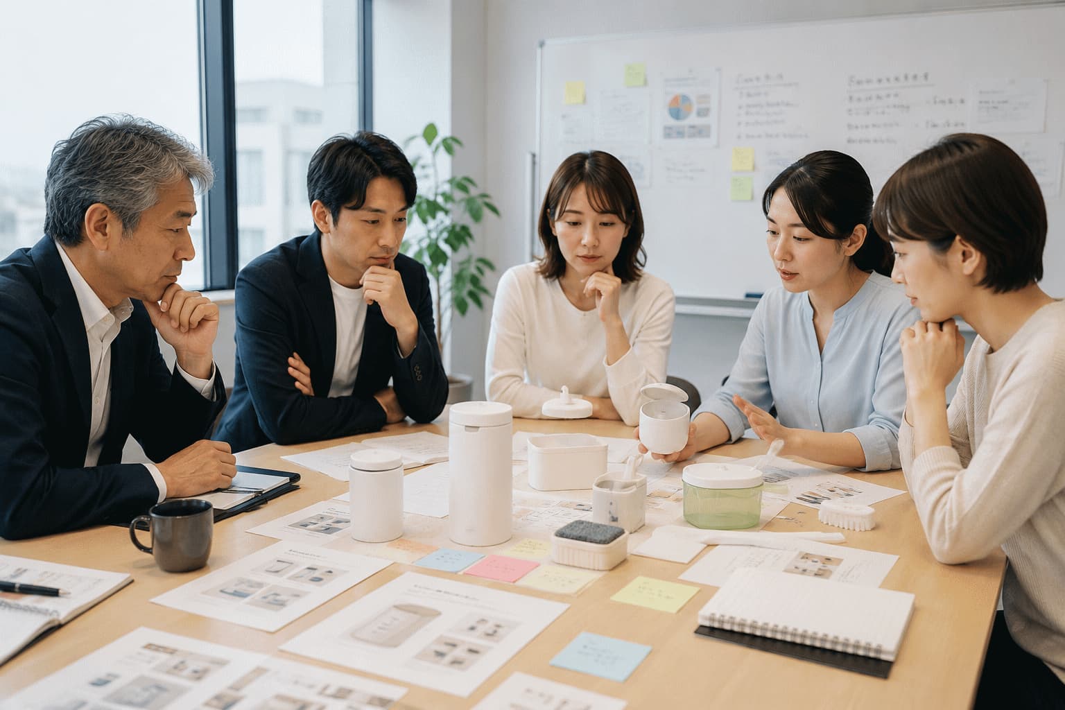 企業の社長と企画担当者が複数の試作品と生活者の意見を確認し、製品化について慎重に検討している様子