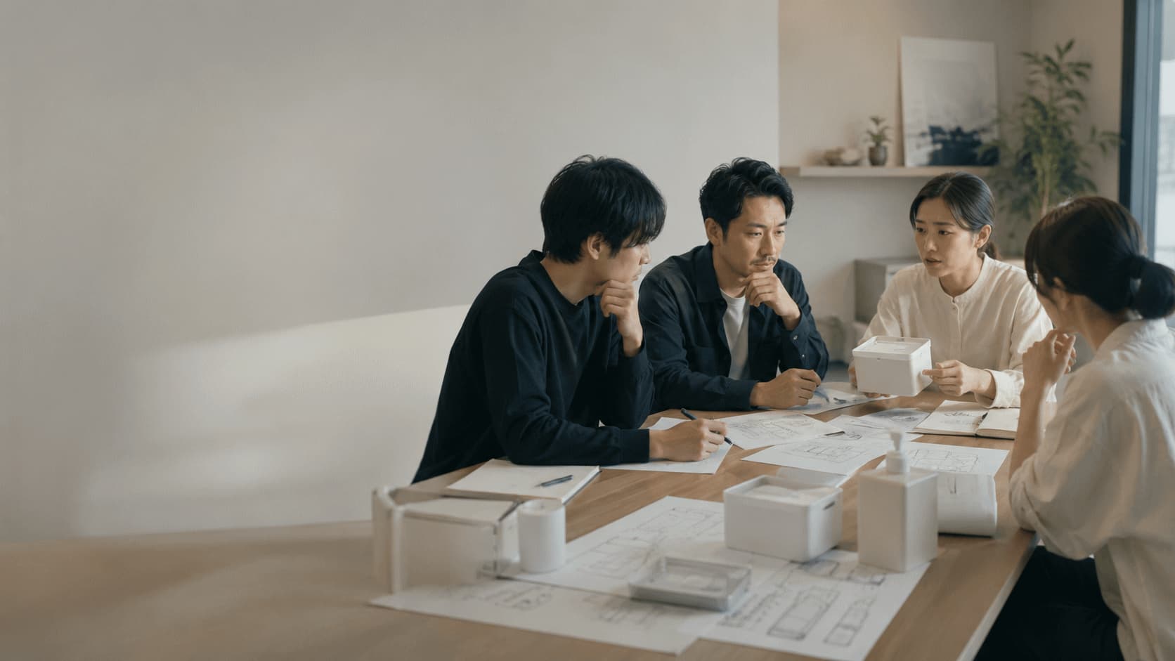 企業担当者と生活者が生活用品の試作品を囲み、率直な意見を交わしている様子
