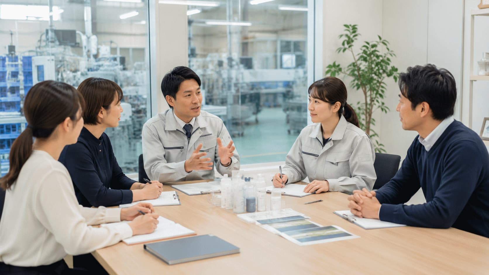 工場見学後に企業担当者と生活者が、衛生管理や整理整頓、製造現場の価値について意見を交わしている様子