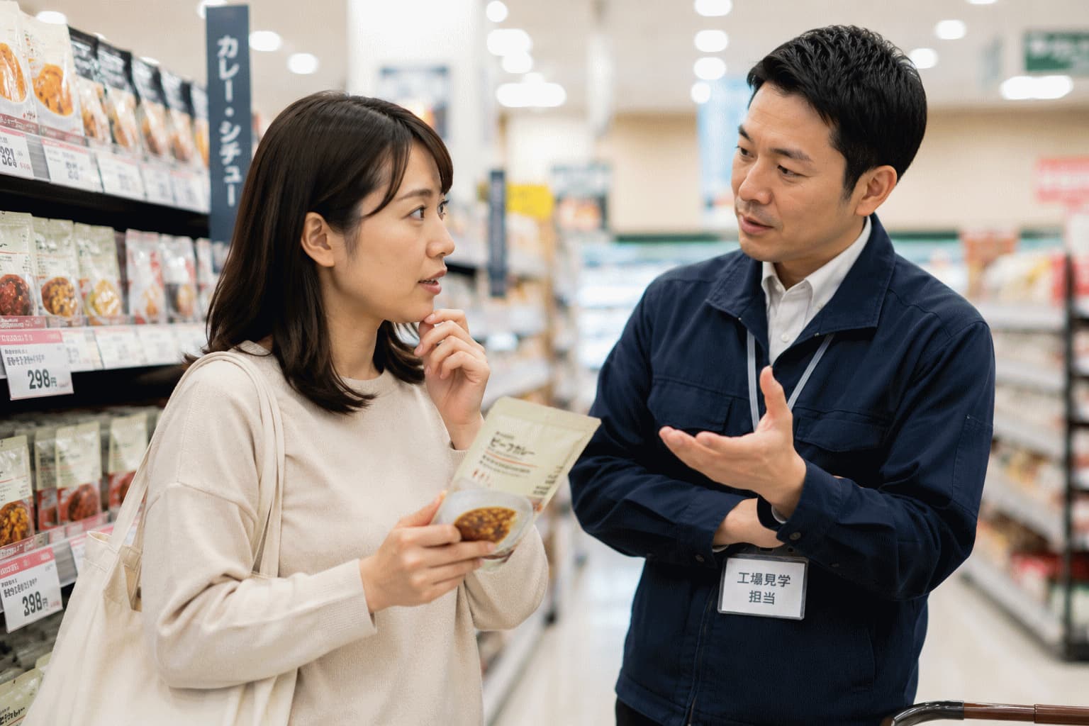 商品を棚へ戻した直後に、企業担当者が生活者へ購入をやめた理由を尋ねている様子
