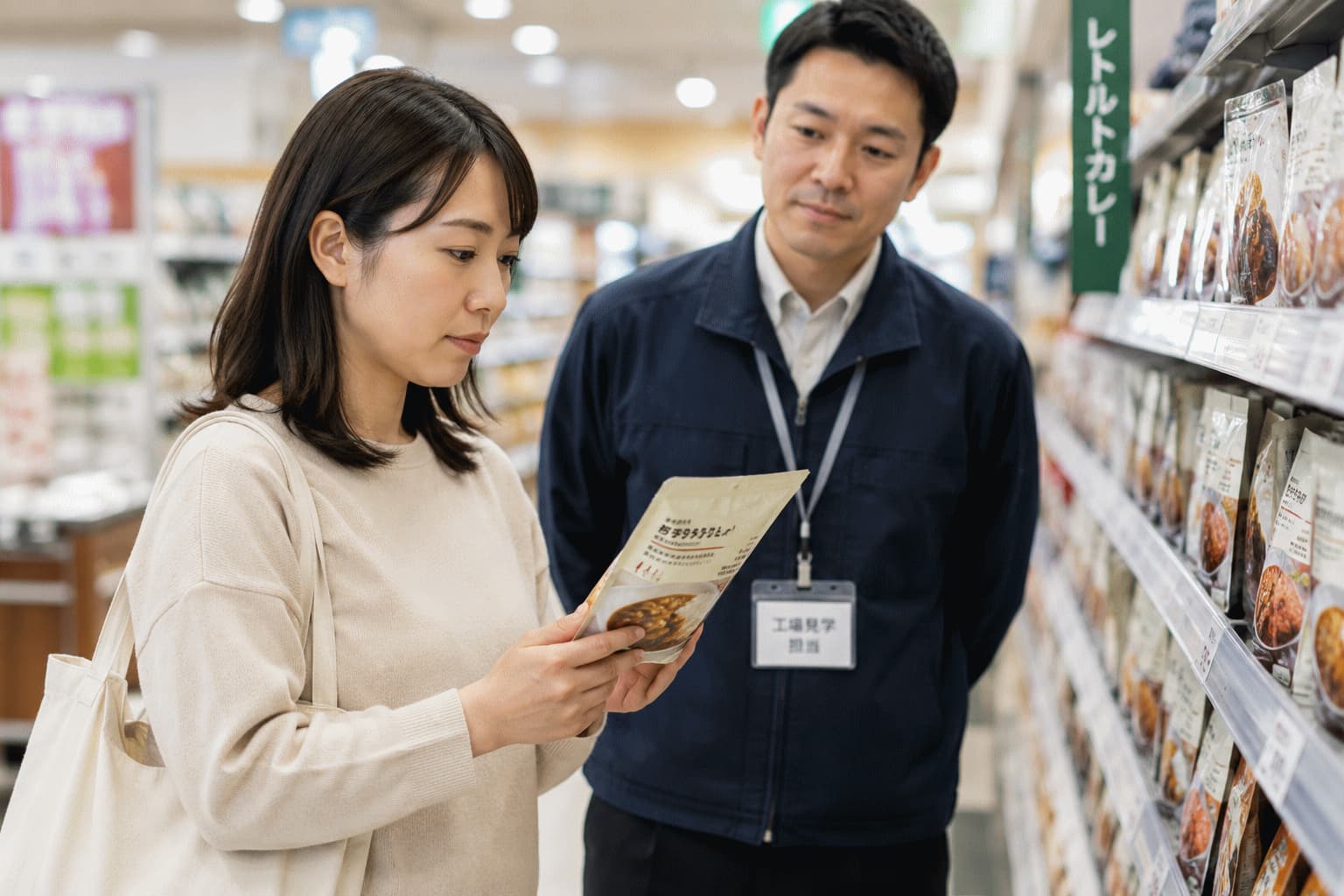 生活者が売り場で商品を手に取り、購入を迷った後に棚へ戻そうとしている様子