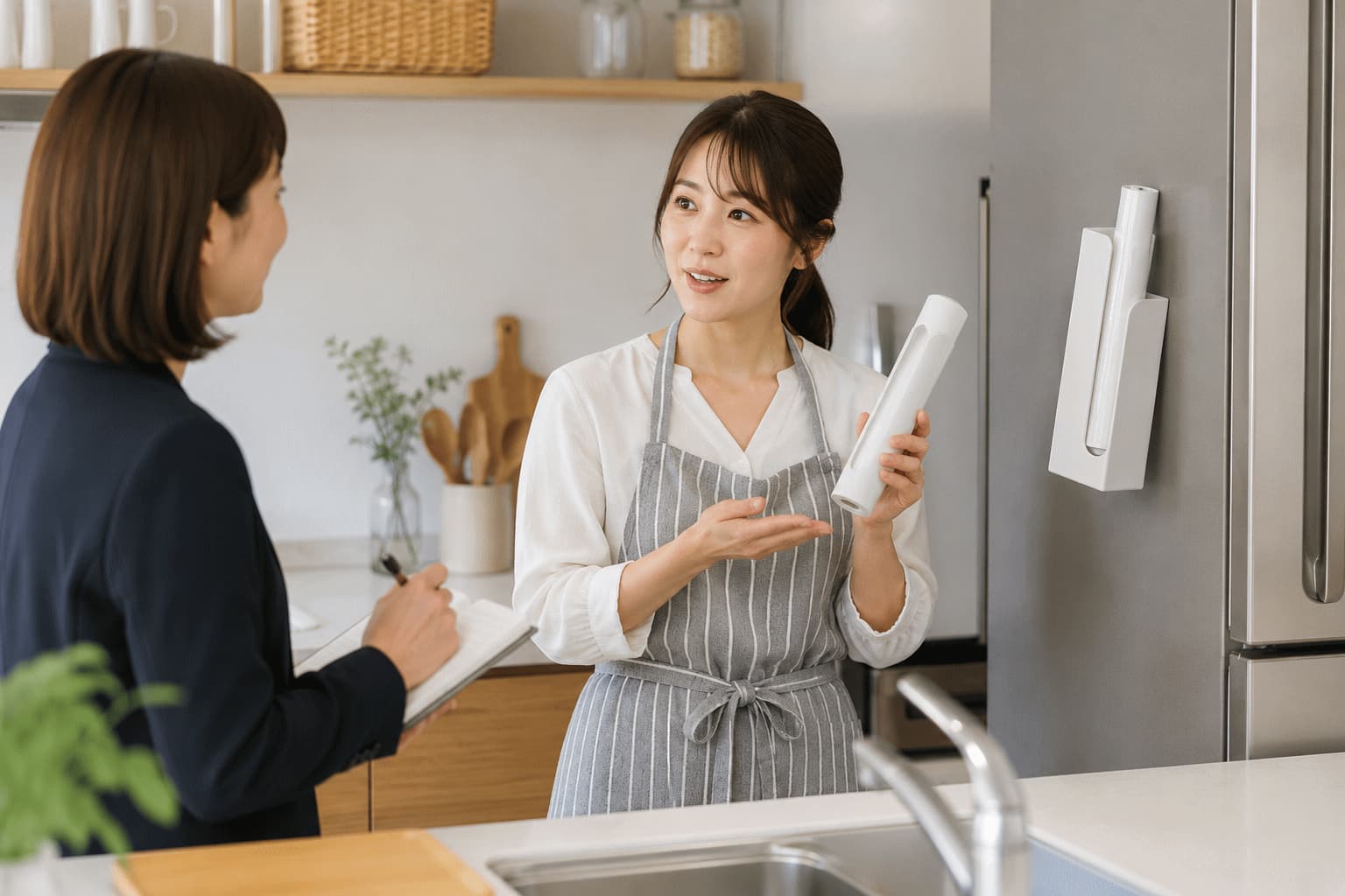 生活者がキッチンで市販の専用ケースを手に取り、企業担当者へ普段の保管方法や使い方を説明している様子