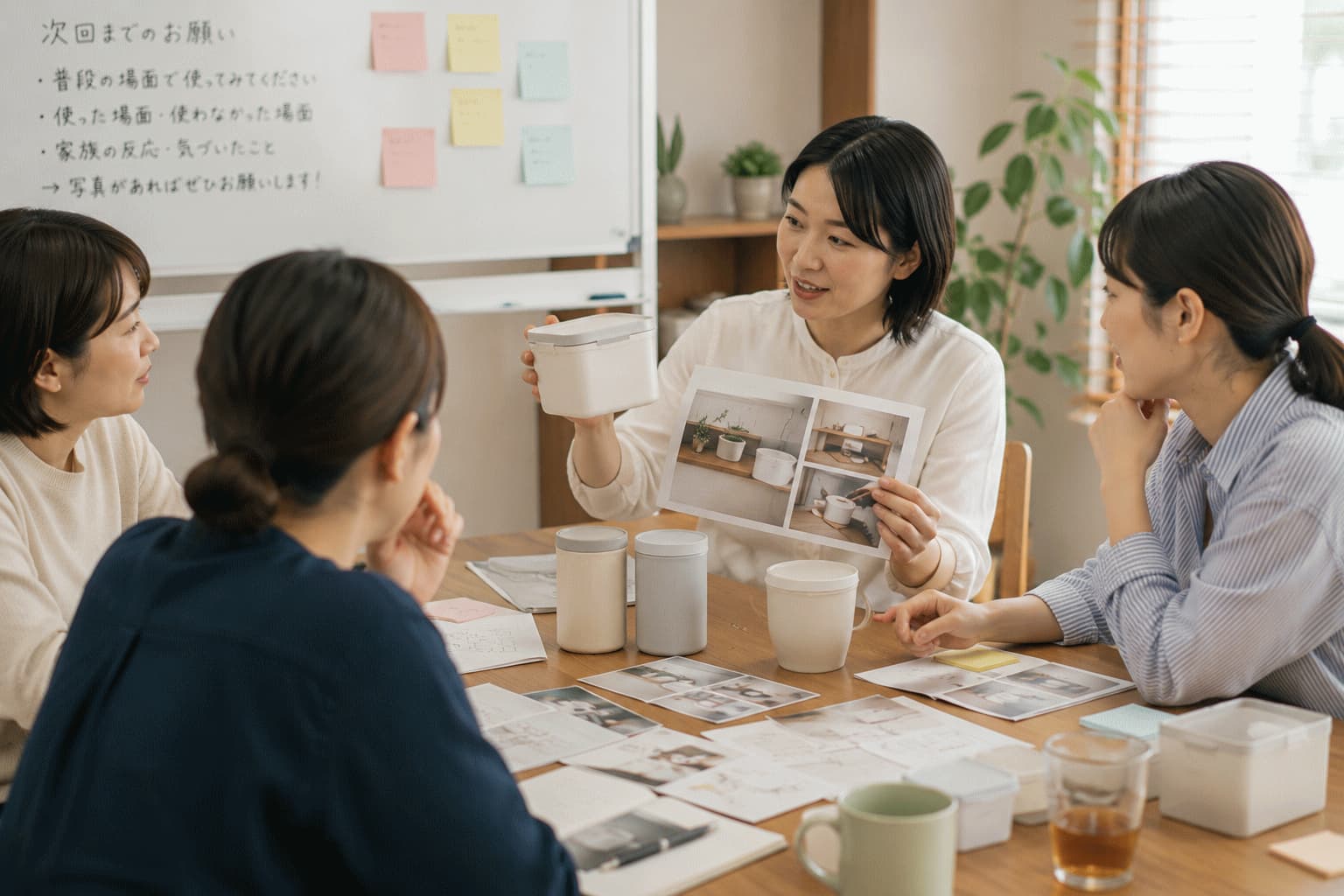 生活者が次回の共創セッションで、試作品を自宅で使った場面や家族の反応について企業担当者へ説明している様子