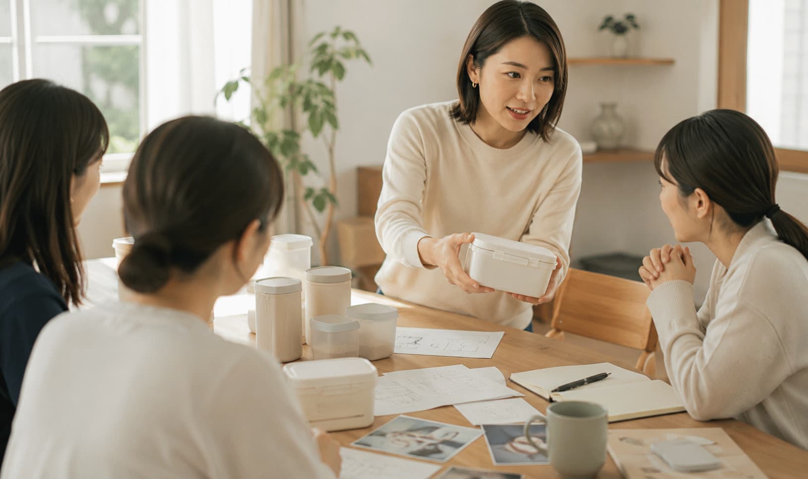 企業担当者が共創セッションで生活者へラフな試作品を手渡し、次回まで暮らしの中で使ってもらう方法を説明している様子