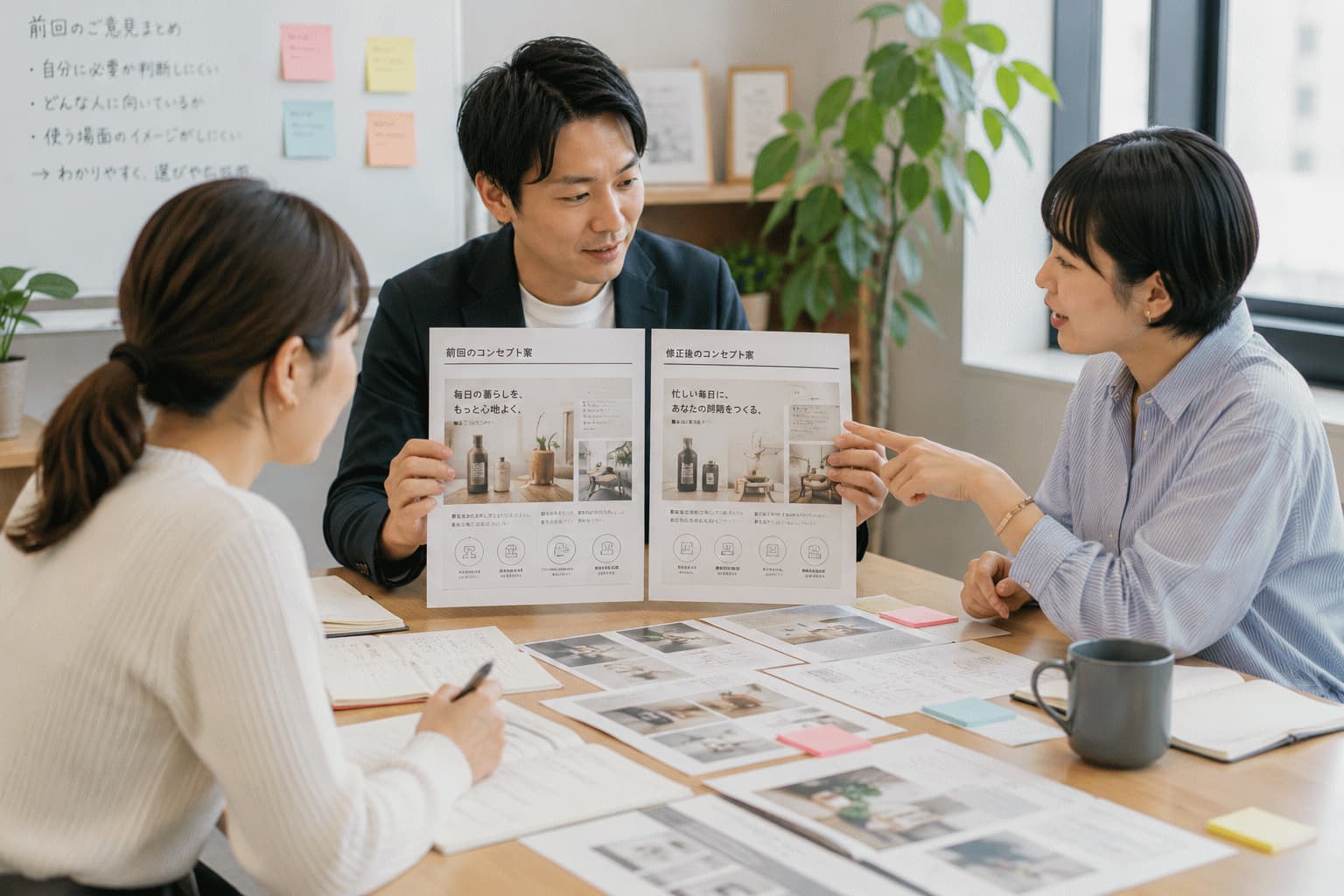 生活者が前回のコンセプト案と修正後の案を見比べ、企業担当者へ分かりやすさや選びやすさの違いを説明している様子