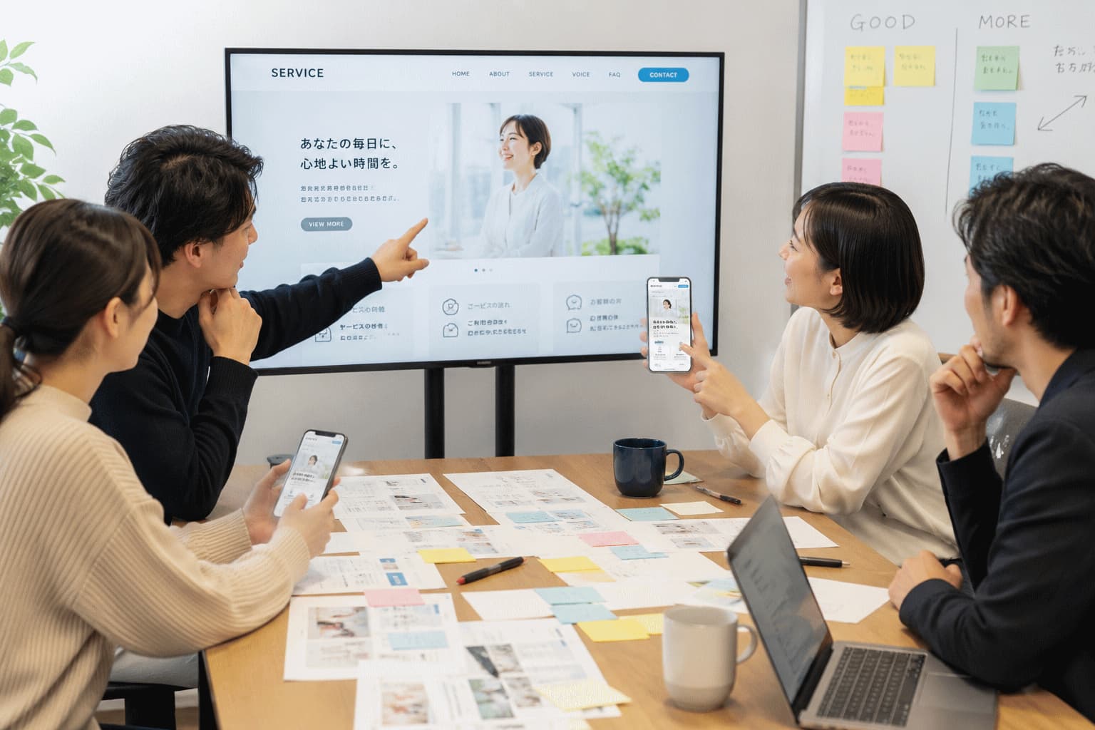 生活者がパソコンとスマートフォンで試作中のWebサイトを操作し、企業担当者が迷った場所や画面の見え方の違いを観察している様子