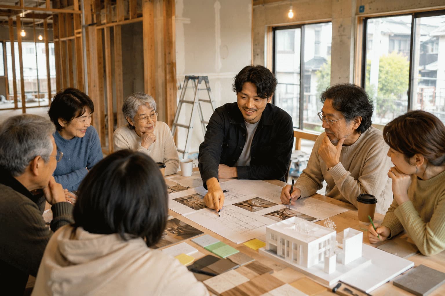 内装が進み始めた店舗でオーナーと地域住民がレイアウト案を囲み、前回からの変化や店の過ごしやすさについて意見を交わしている様子