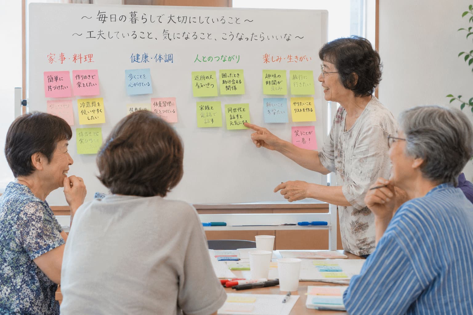 高齢者の友人同士が笑いながら互いの経験を補い合い、企業担当者が暮らしの話を聞いている様子