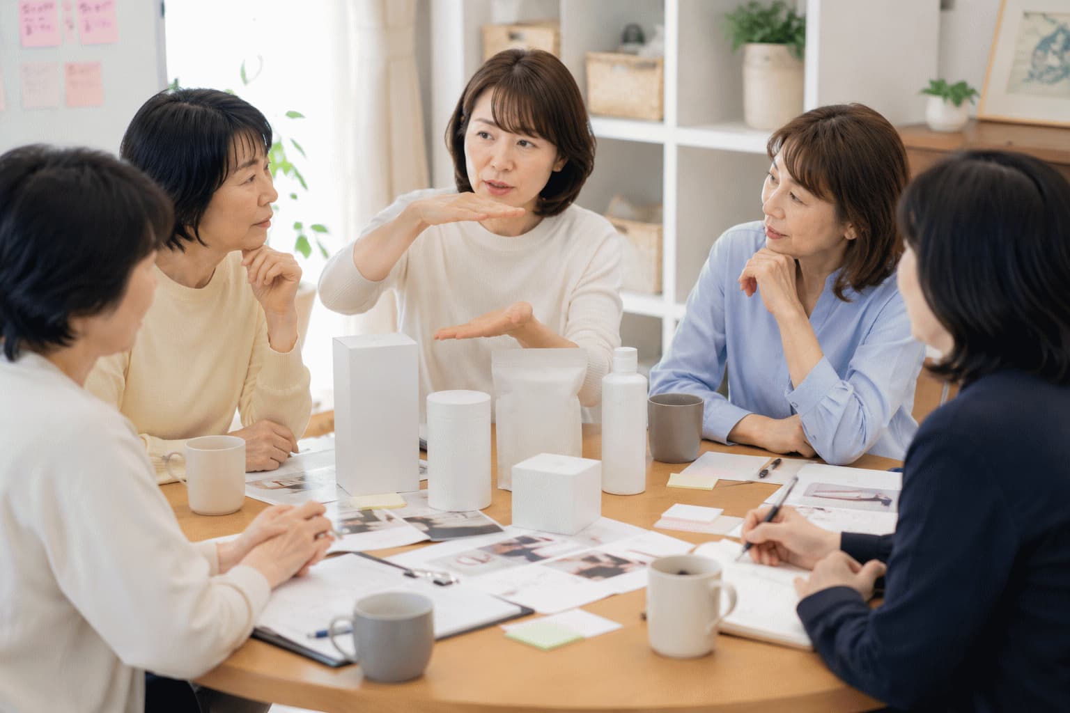 主婦の参加者が商品の高さや幅を手で示しながら、自宅の棚や引き出しに収納できるかを企業担当者へ説明している様子