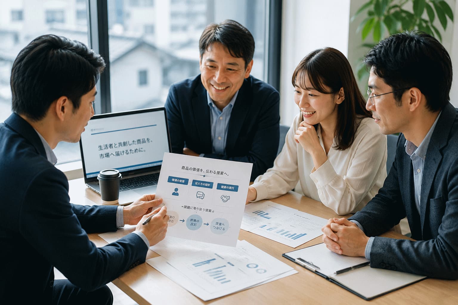 中小企業の担当者とこらぼたうんが、商品の提案資料や市場開拓先を一緒に検討している様子