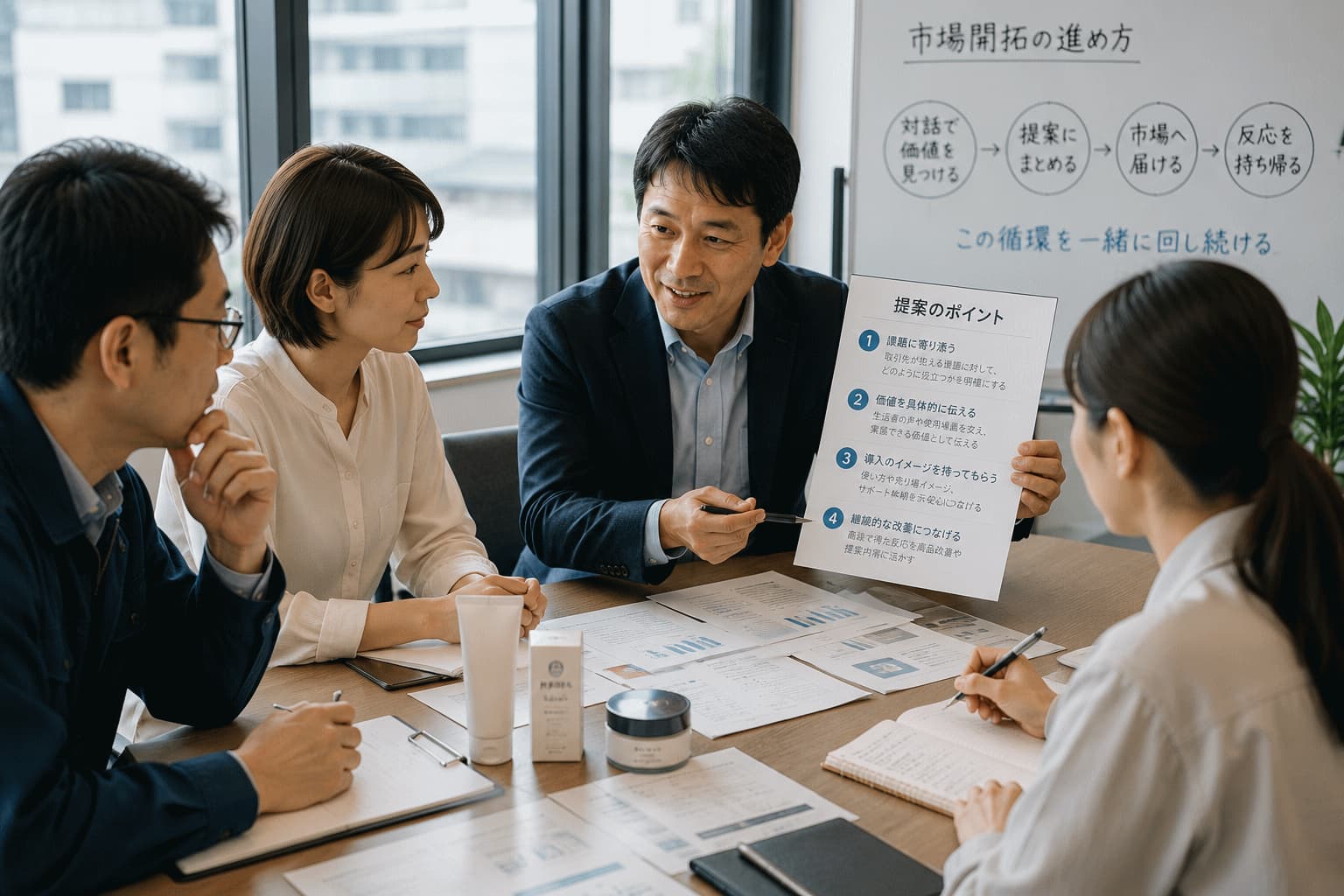 中小企業の担当者が商品の提案資料を見直し、伝える相手や説明の順番を整理している様子