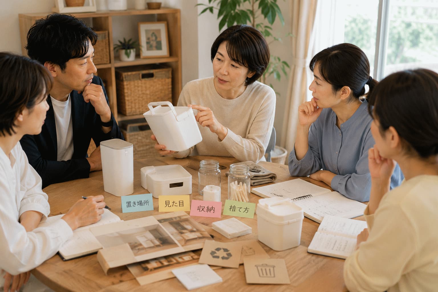 生活者と企業担当者が商品の構造を確認しながら、収納や分別、手放し方について話している様子