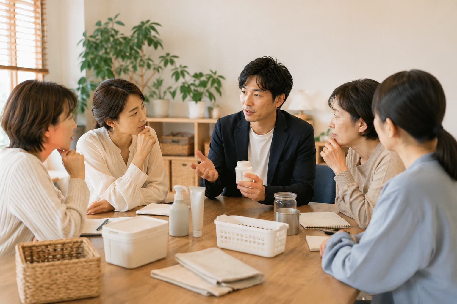 生活者と企業担当者が商品を囲み、置き場所や使い終えた後の手放し方について話している様子
