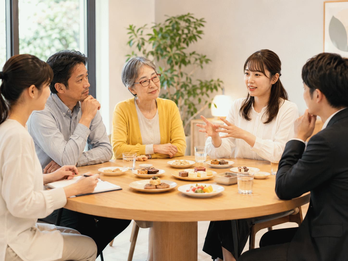 企業担当者と生活者が食品を囲み、朝食やおやつ、家族で食べる場面について話している共創セッションの様子