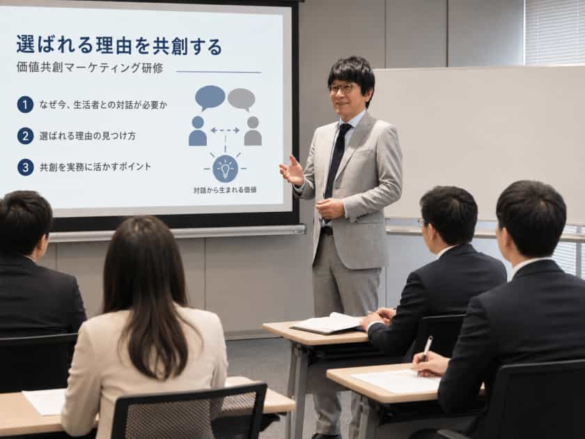 日用品メーカーで選ばれる理由の共創と価値共創マーケティングについて研修を行うイメージ