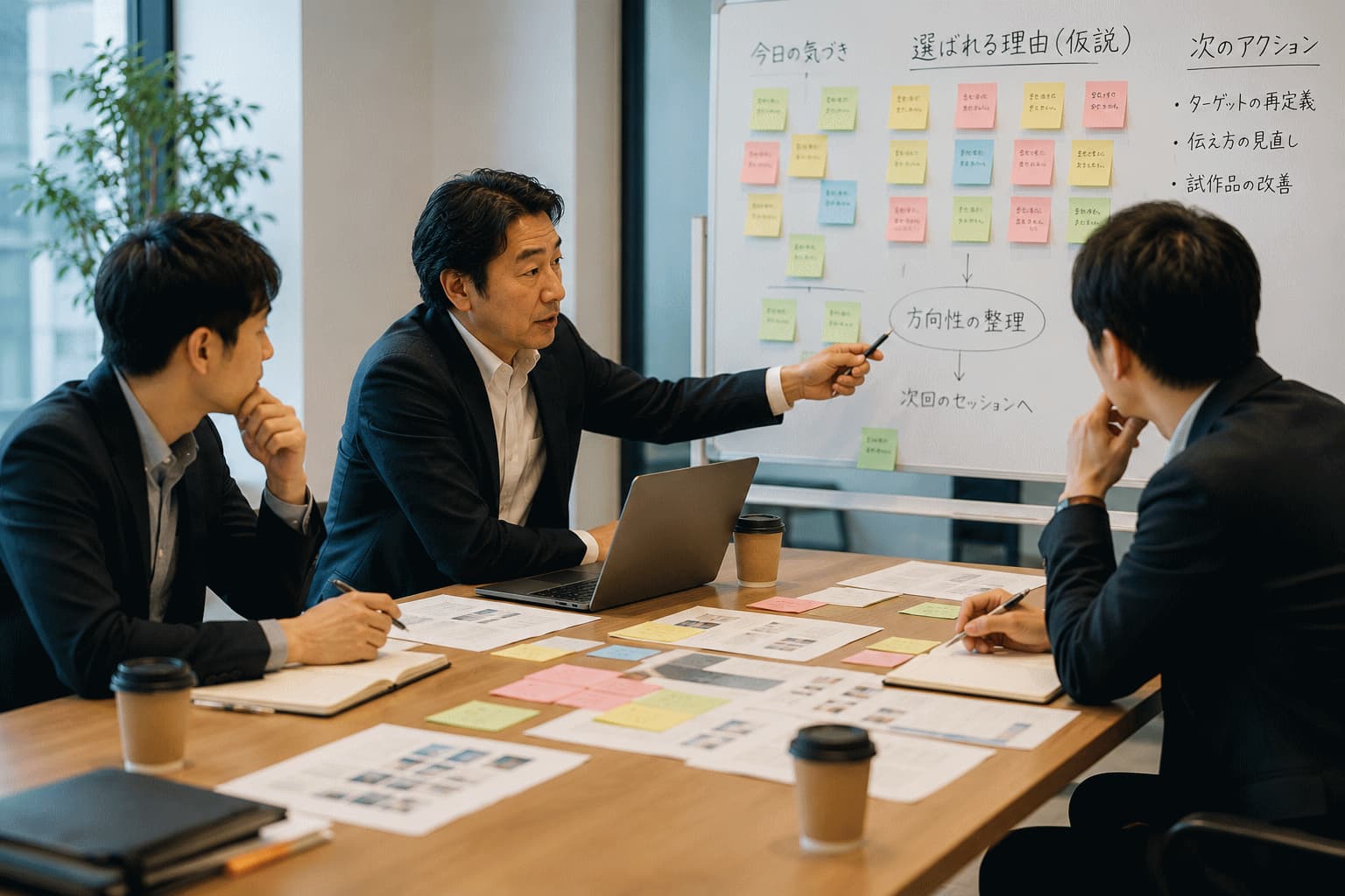 生活者とのセッション後に企業の担当者と意思決定者が、気づきを整理しながら方向性を話し合っている様子