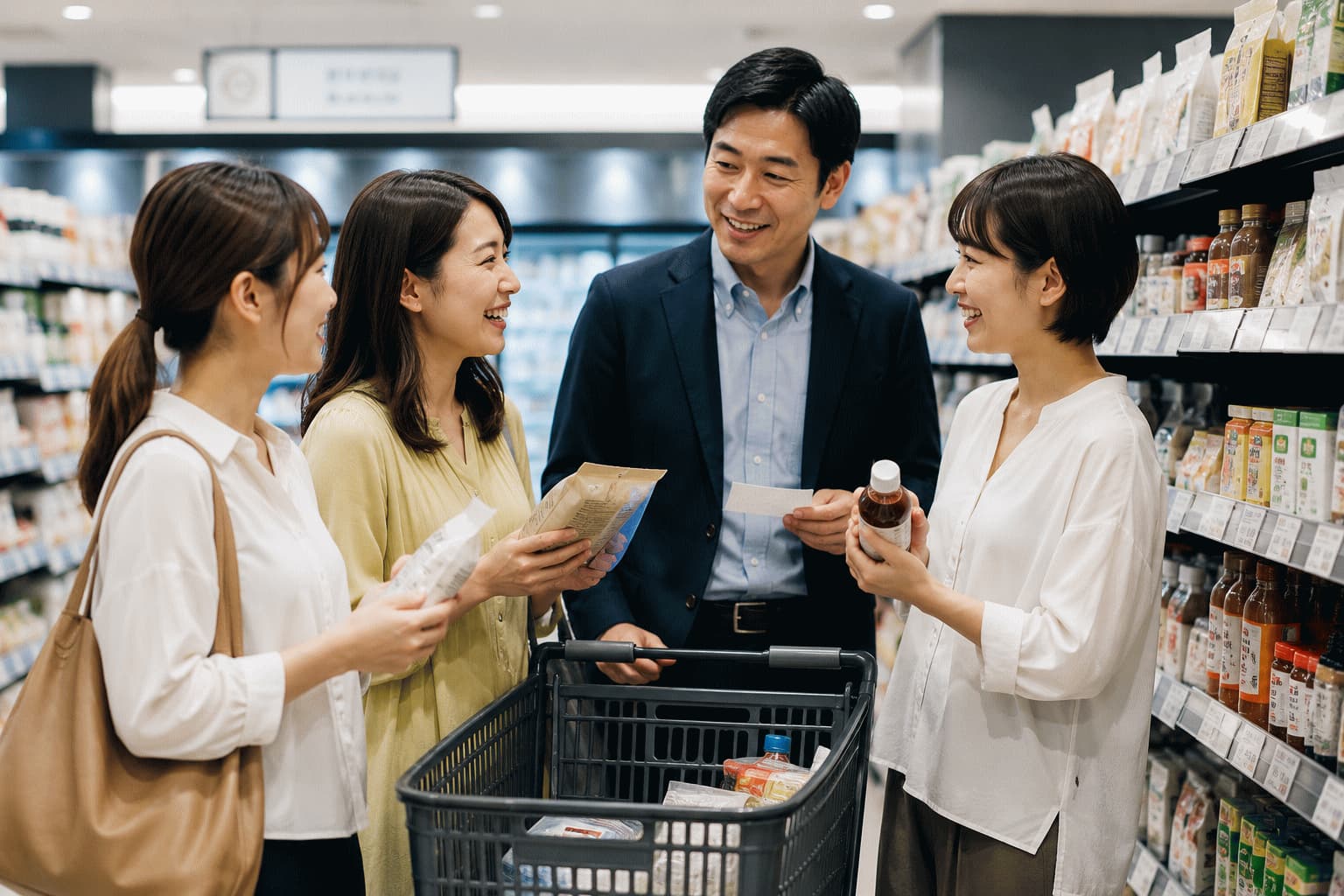 気心の知れた友人同士が店舗で商品を見ながら会話し、顔見知りの企業担当者も一緒に話を聞いている様子
