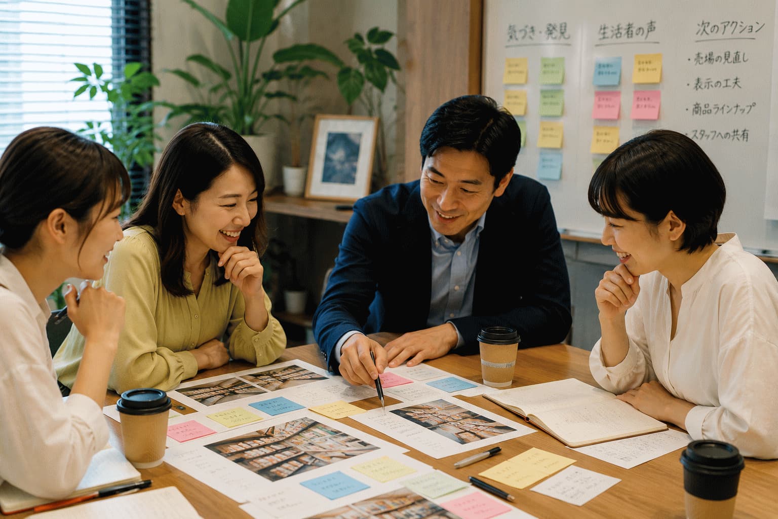 店舗同行後に友人同士の参加者と企業担当者が、商品写真やメモを見ながら売り場で感じたことを振り返っている様子