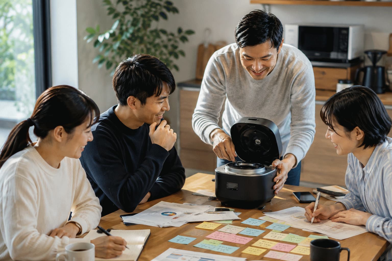 同じ家電製品を使った生活者と企業担当者が、製品を囲みながら互いの体験について対話している様子
