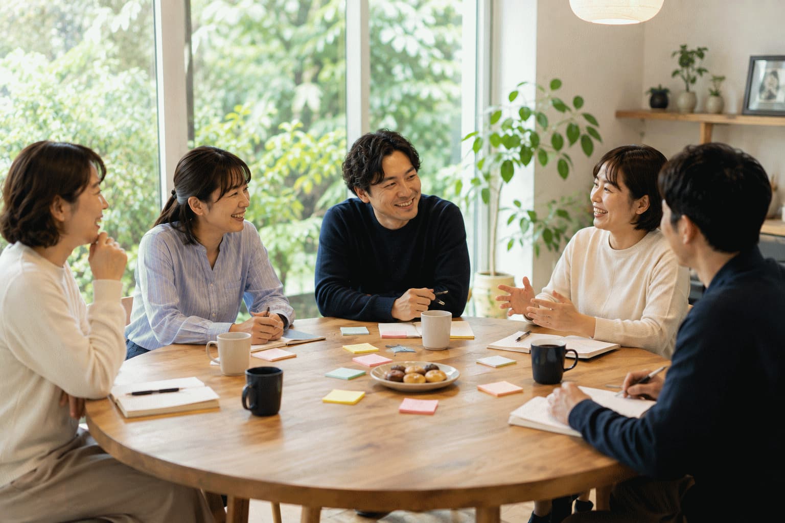 継続的に顔を合わせてきた企業担当者と生活者が、セッション開始前から丸テーブルを囲んで自然に会話している様子